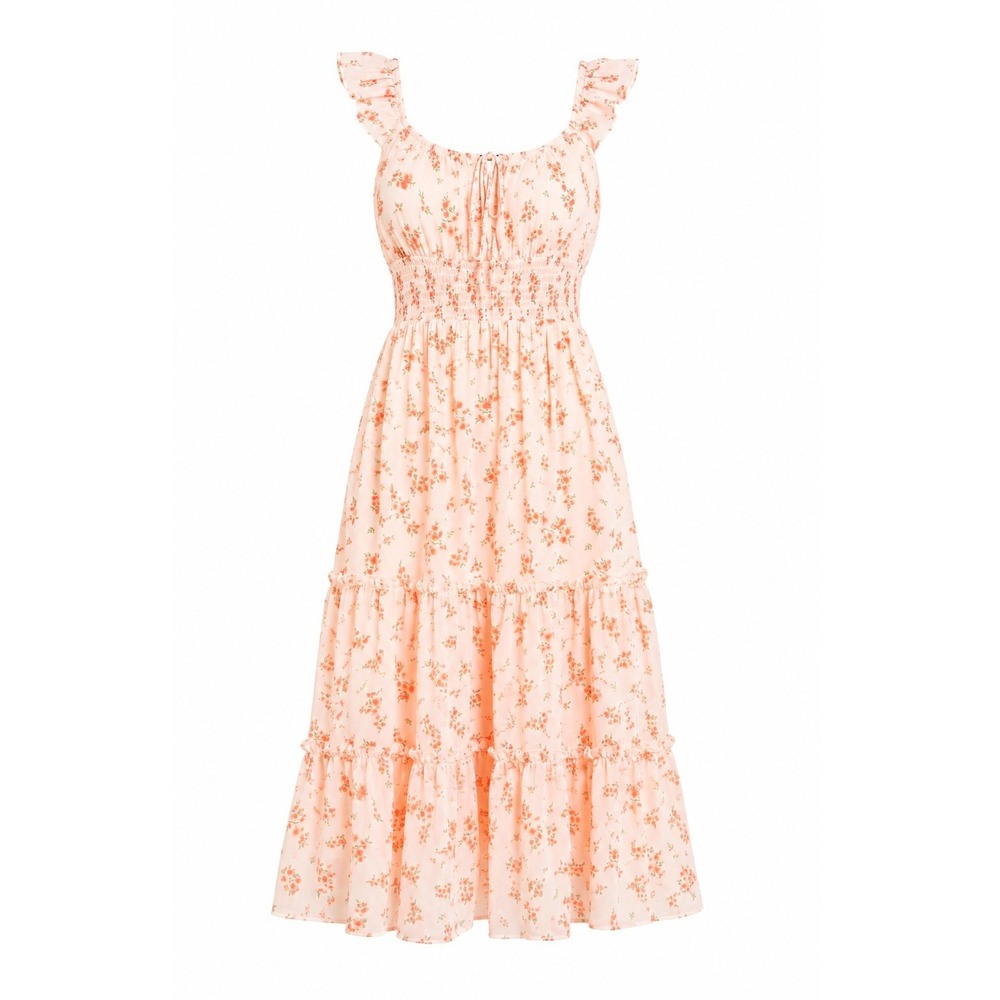 Peach Floral Milkmaid Smocked Tiered Midi Dress M Cottagecore Prairie Western